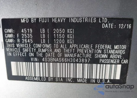 2017 Subaru Legacy 2.5I Sport z USA, uszkodzony, nr VIN 4S3BNAS66H3043897